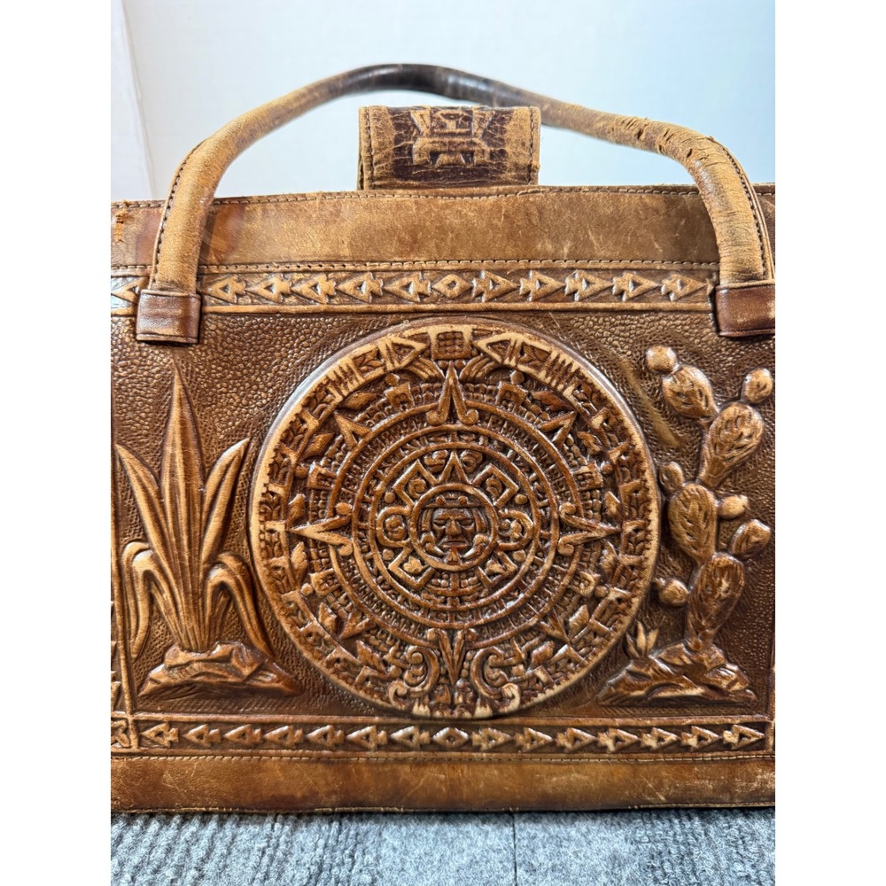 Vintage Mexican Tooled Leather Aztec Calendar Satchel Bag Cowhide Hecho Mexico - Picture 10 of 10